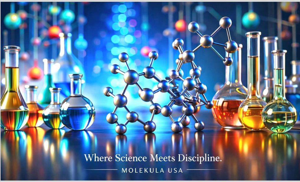 Colorful glass laboratory equipment and molecular models against a vibrant blue background.